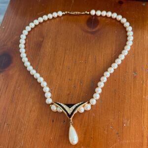 Vintage Gold Tone Faux Pearl, Black Enamel Necklace, Signed Napier